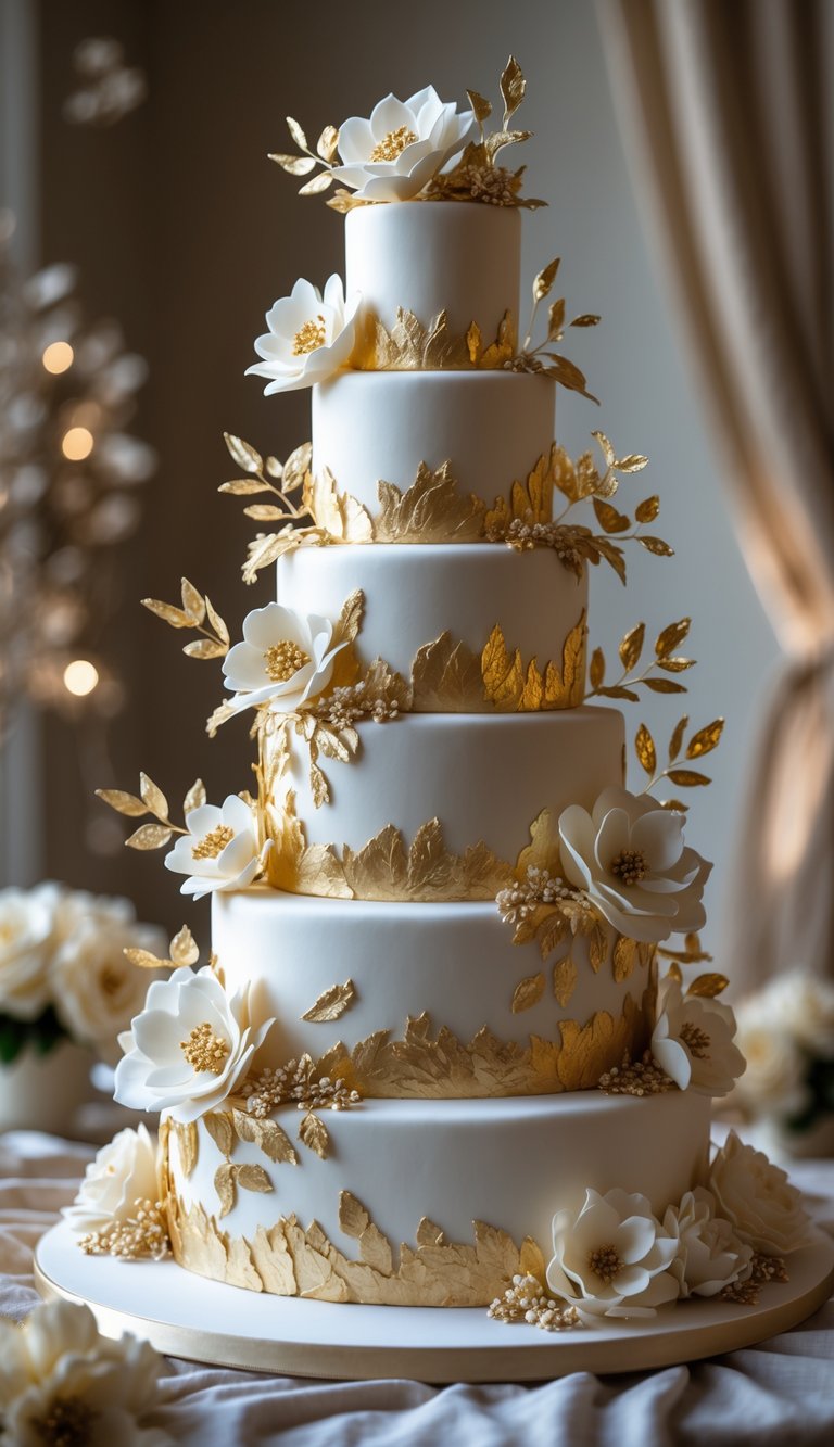A multi-tiered wedding cake decorated with edible gold leaf and sugar flowers, set against a soft blurred background.
